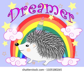 A cute cartoon hedgehog with a unicorn horn on a rainbow. Concept everyone can be a unicorn