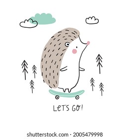 Cute cartoon hedgehog - vector illustration. Hand drawing hedgehog for greeting card and poster. Cute little hedgehog 