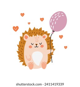 Cute cartoon hedgehog vector illustration in flat style.  Hedgehog with balloon. For poster, greeting card and kids design. Valentine's Day. White isolated background.