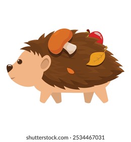 Cute cartoon hedgehog is walking with an apple and mushroom on its back
