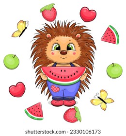 Cute cartoon hedgehog with watermelon in a fruit frame. Summer animal vector illustration with hearts, butterflies, apples, watermelons and strawberries on white background.