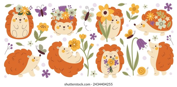 Cute cartoon hedgehogs characters carrying spring wildflowers on back, in hand, on head vector illustration. Cheerful wild forest prickly creature pet animal enjoying warm weather. Baby shower design