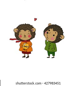 Cute cartoon hedgehogs.
Hand drawing isolated objects on white background. Vector illustration. 
