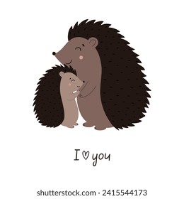 Cute cartoon hedgehogs hugging. Hand drawn children's poster. Animals mother and baby. Vector illustration in flat style