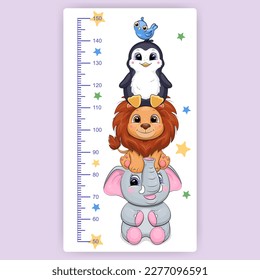 Cute cartoon height chart with animals. Vector illustration of an elephant, a lion, a penguin and a blue bird on a white background with stars.