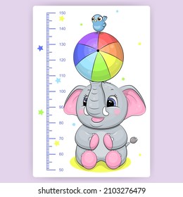 Cute Cartoon-Höhenkarte mit Elefanten, die Ball und Vogel auf weißem Hintergrund halten. Vektorgrafik mit einem Tier.