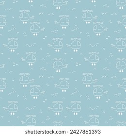 Cute Cartoon Helicopter and Clouds Seamless Pattern for Baby Boy. Line Art Flying Helicopters. Vector Blue Pattern for Kids Fashion.