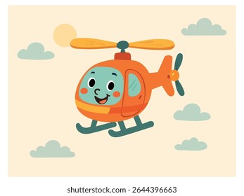 Cute cartoon helicopter with smiling face flying in the sky. Hand-drawn, colorful and child-friendly illustration for educational or decorative use.