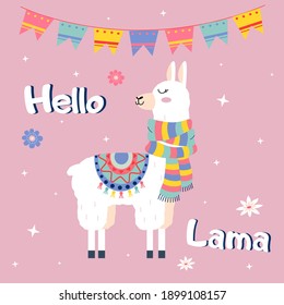 Cute cartoon Hello lama flags vector design on pink