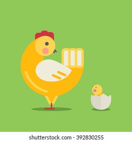 Cute cartoon hen and chick.Cartoon hen and chick vector bird flat style.Chicken bird isolated on background.Chicken farm bird.Vector Cute Chicken character .Farm bird vector illustration