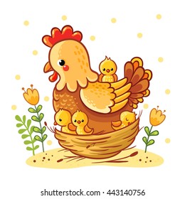 Cute cartoon hen with chickens sitting in a basket, vector illustration. Farm. Chicken family. Hen and chickens vector isolated.