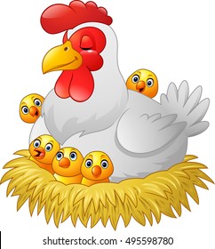 Cute cartoon hen with chickens sitting in a nest