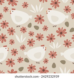 cute cartoon hen and easter eggs in the meadow seamless vector pattern background illustration