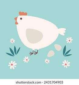 cute cartoon hen and easter eggs in the meadow funny vector illustration on turquoise background