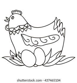Cute cartoon hen with eggs. Vector illustration.