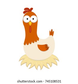 Cute cartoon hen on nest vector illustration. Isolated on white background.