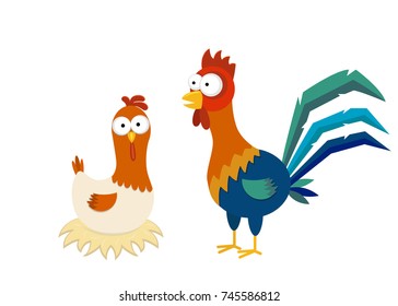 Cute cartoon hen on nest and rooster  vector illustration. Isolated on white background.