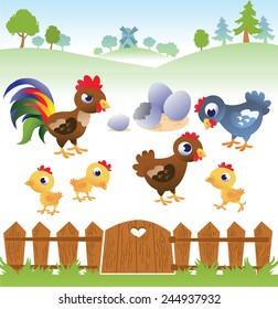 Cute cartoon hen, rooster and chicken with landscape. 