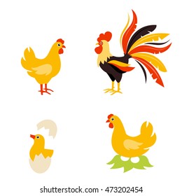 Cute Cartoon hen rooster and chicken baby. Cartoon chicken bird isolated on background. Chicken hatches from the egg. The hen incubates the eggs.