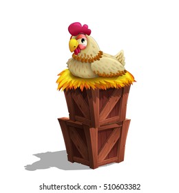 Cute cartoon hen in the straw nest on the wooden boxes isolated on white background. Vector illustration.
