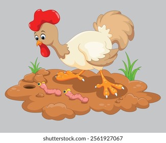 Cute cartoon hen and two worms vector illustration