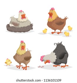 Cute cartoon hens set. Clocking hen, mother with chickens, looking on worm. Farm animals vector illustrations isolated on white background.