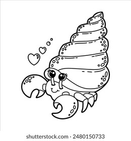 Cute cartoon hermit crab with hearts. Black and white outline vector Illustration. Children's coloring book