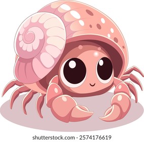 Cute cartoon hermit crab with large eyes and spiral shell displayed against a white background