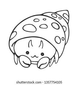 Cute cartoon hermit crab in a shell. Hand-drawn underwater world creature. Children's style kawaii. Isolated vector illustration for design, coloring, prints, posters.