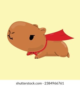 Cute Cartoon Hero Capybara Flying. Vector Illustration.