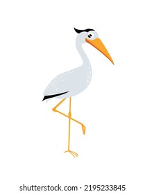 Cute cartoon heron. Vector stork. The heron stands on one leg
