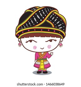 Cute cartoon of hill tribe girl dress, Hmong, northern tribe, of thailand