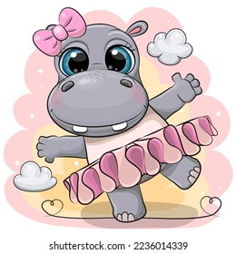 Cute Cartoon Hippo Ballerina on a pink background