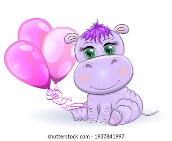 Cute cartoon hippo with beautiful eyes with balloons, a boy and a girl. greeting card, baby shower invitation card