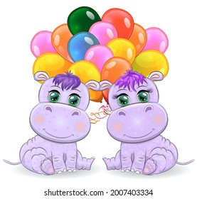 Cute cartoon hippo with beautiful eyes with balloons, a boy and a girl. greeting card, baby shower invitation card