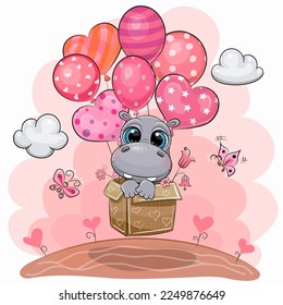 Cute Cartoon Hippo in the box is flying on balloons