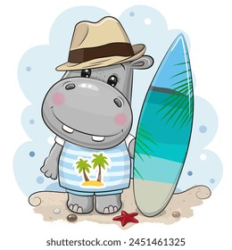 Cute cartoon Hippo boy with a surfboard on the beach