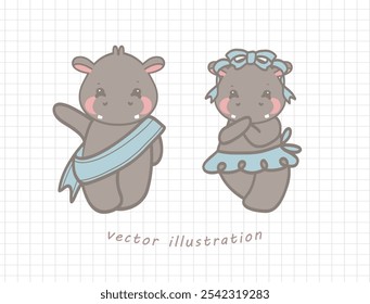 Cute Cartoon Hippo Character Illustration with Blue Sash