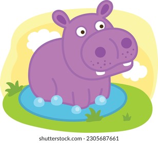 cute cartoon hippo character on white background illustration