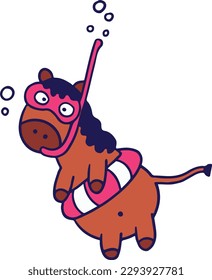 Cute cartoon hippo in a diving mask. Vector illustration.