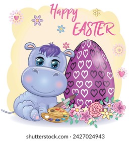 Cute cartoon hippo with Easter egg, Easter card.