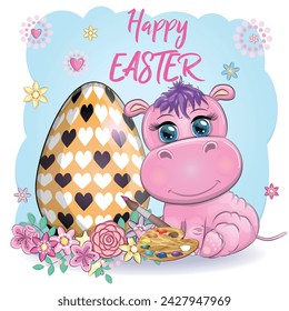 Cute cartoon hippo with Easter egg, Easter card.