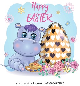 Cute cartoon hippo with Easter egg, Easter card.