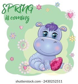 Cute cartoon hippo with Easter egg, Easter card.