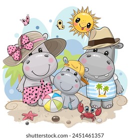 Cute cartoon hippo family on the beach