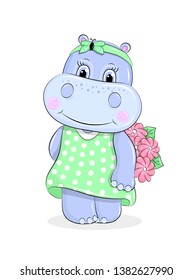 Cute cartoon hippo with flowers. Hand drawn little girl in a green dress isolated on white.