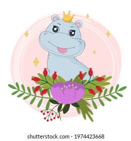 Cute cartoon hippo with flowers natural decoration . Vector flat modern design, children print on t-shirt, greeting card, cover, poster.