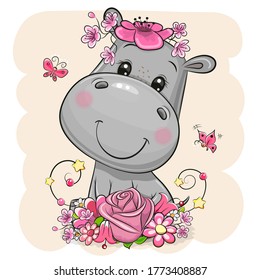 Cute Cartoon Hippo with flowers on a beige background