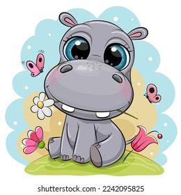 Dibujo lindo de Hippo con flores en un fondo azul