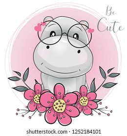 cute cartoon hippo with flowers with pink background